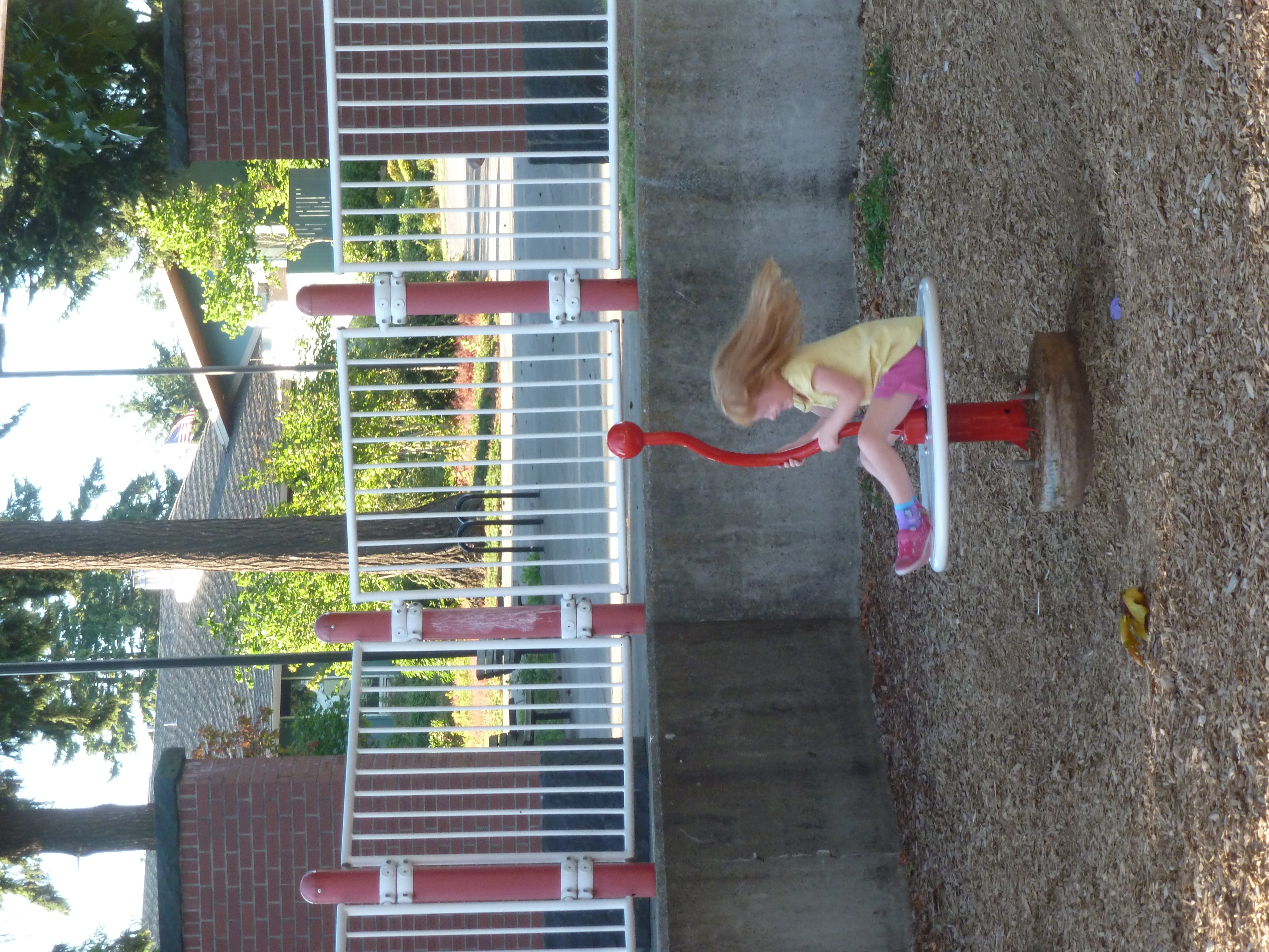 it is fun to sit or stand and spin! something about weight shifts makes this turn. The kids have also sat in "cups" that spin when you pull your legs in.
