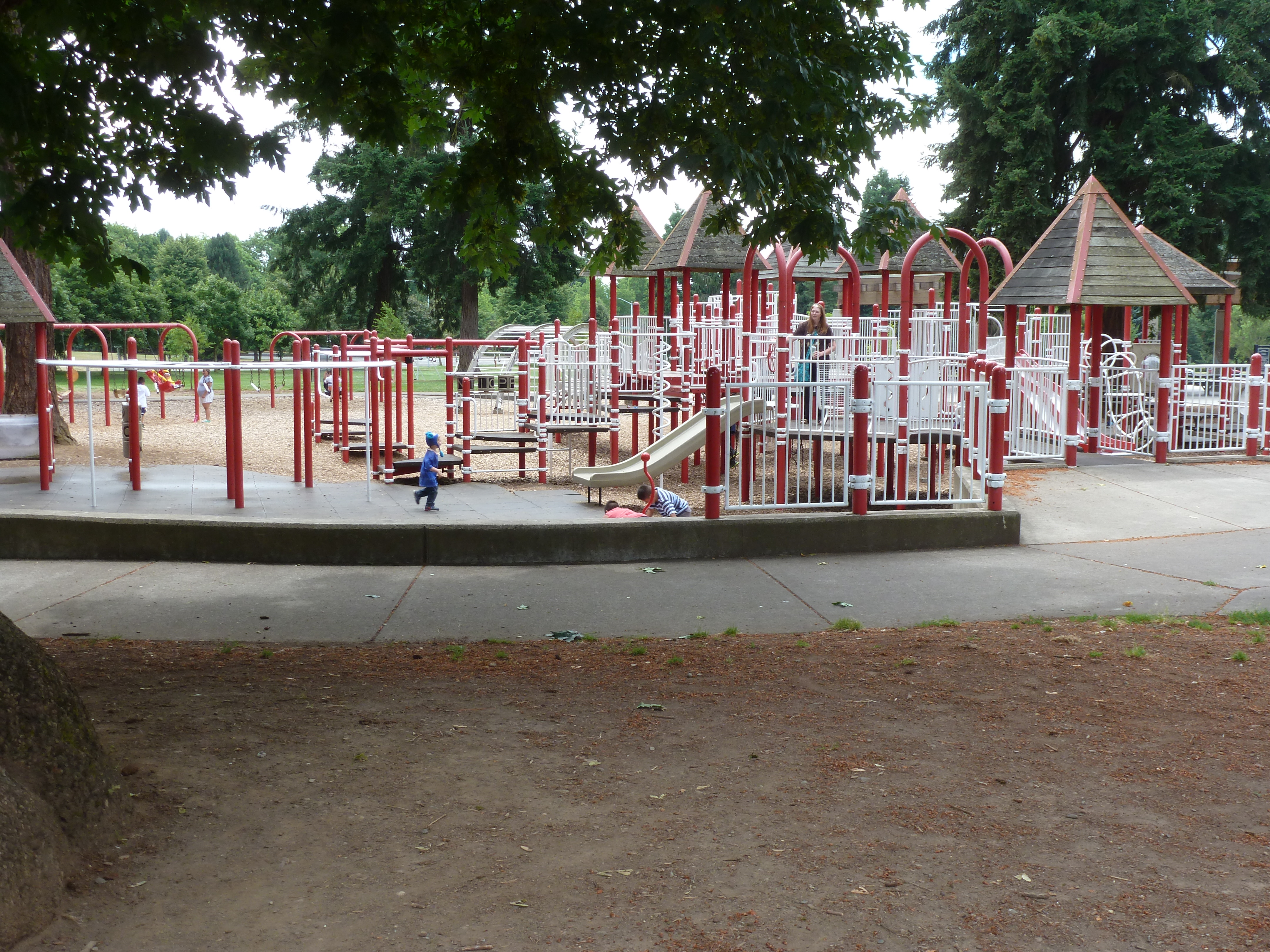 the parks all tend to look like this....simple, clean, durable and the parts are often connected so kids go naturally from one part of the structure to the next. We have also found that it is easy to keep track of the kids because we can see all the way through the structure when seated on the benches that surround it.
