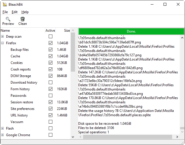 BleachBit 1.9.3 on Windows 10 showing Firefox preview.png