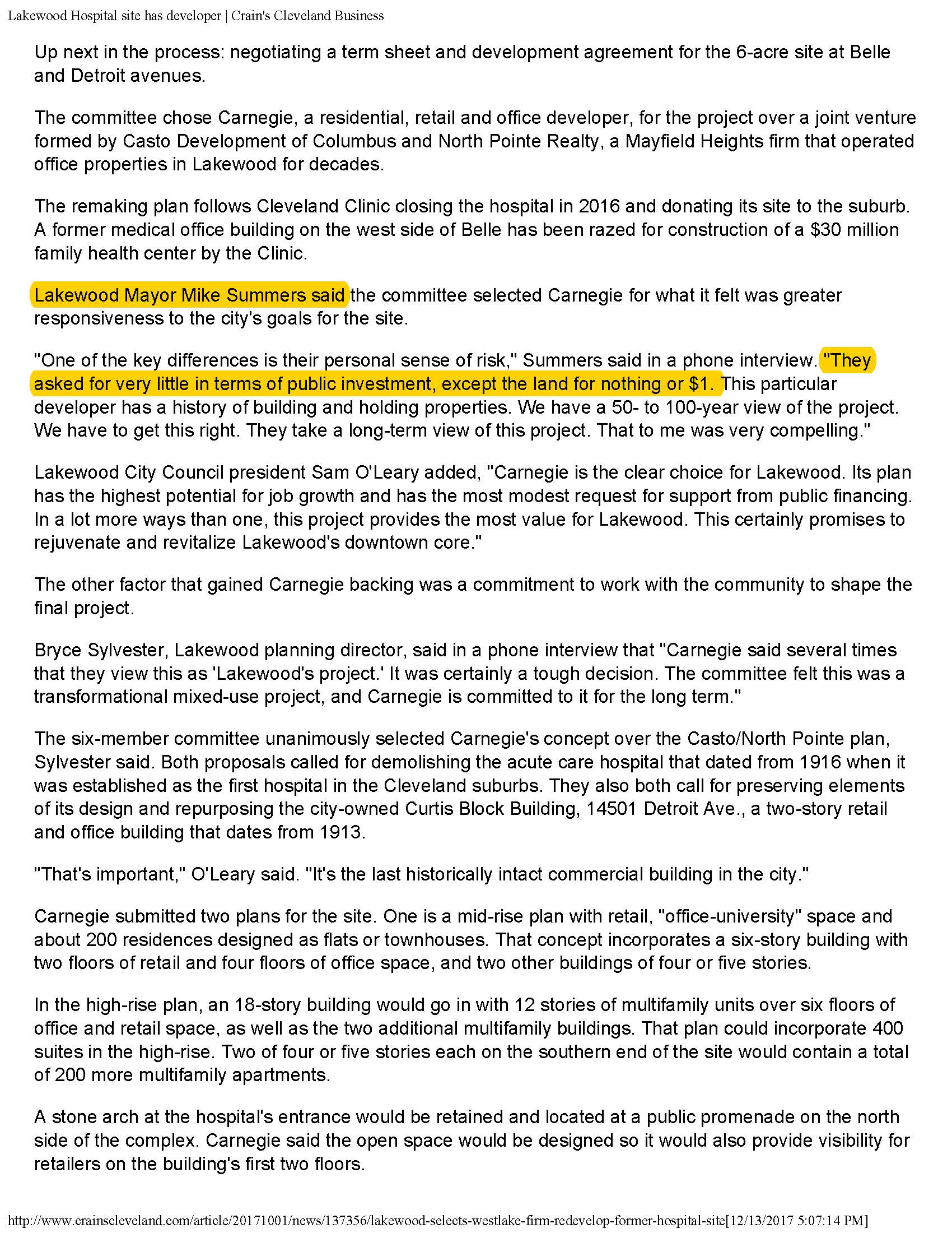 Lakewood Hospital site has developer  Crains Cleveland Business_Page_2.jpg